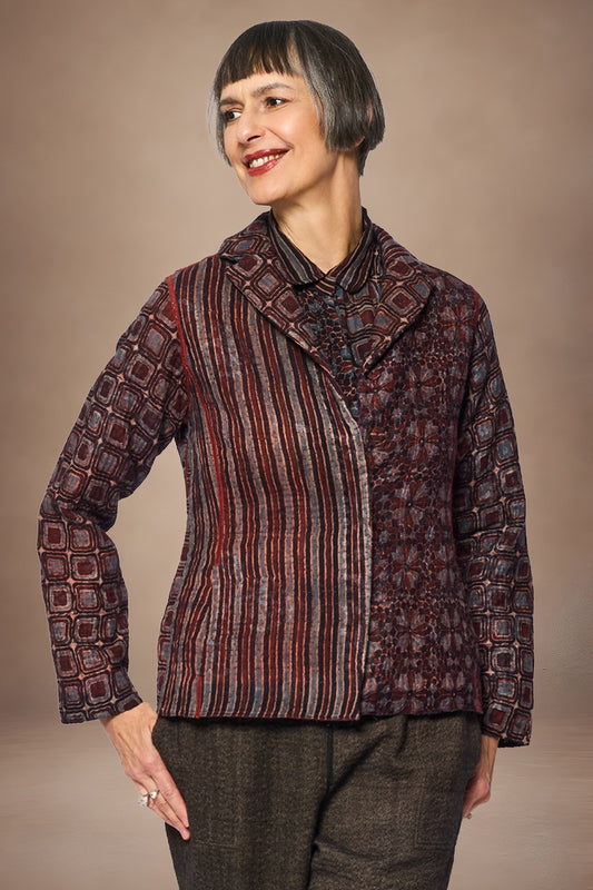 AJRAKH PRINT AND SILK COTTON PATCH KANTHA SHAPED JACKET - az4j109-brn -
