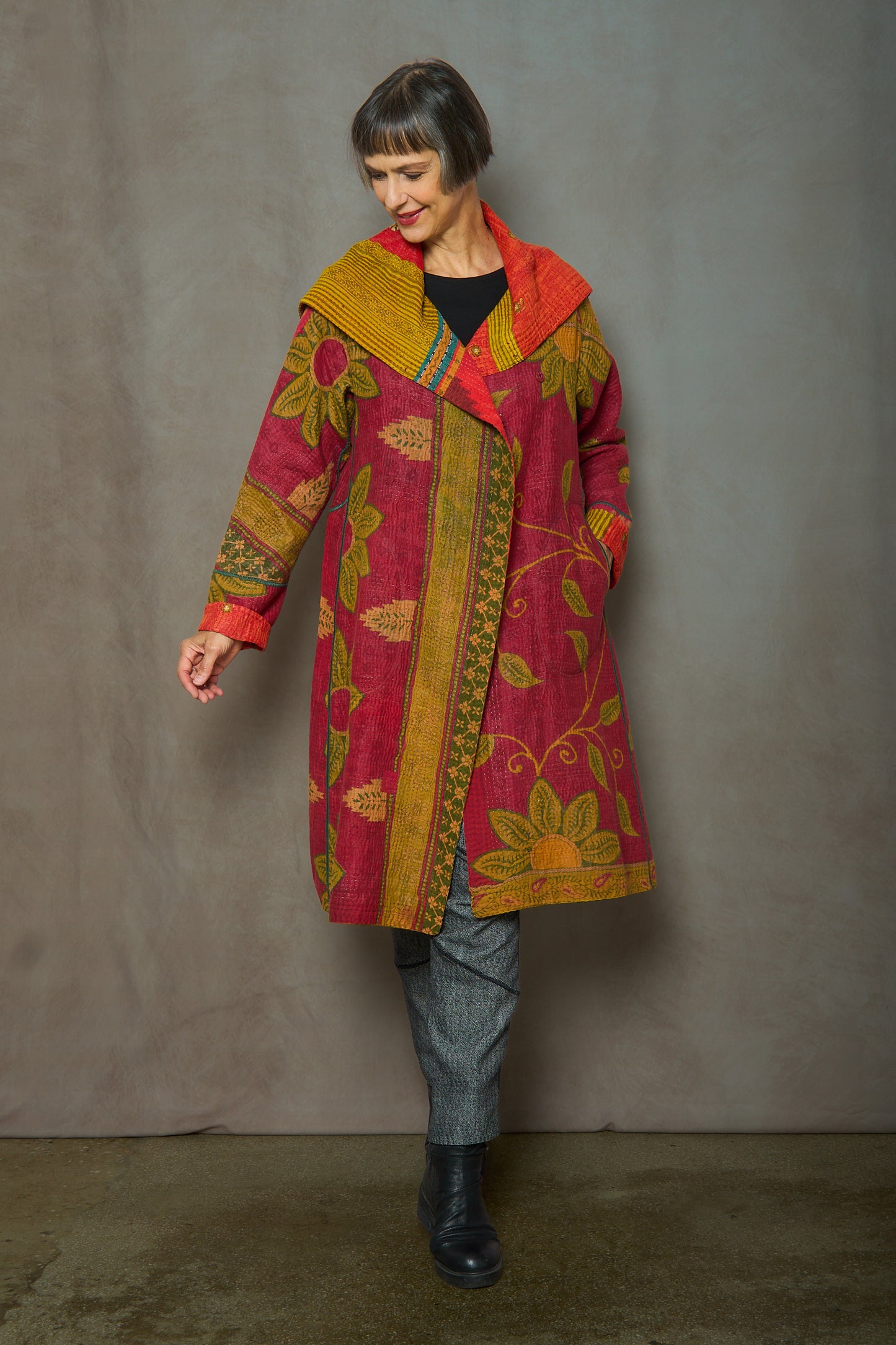 VINTAGE COTTON KANTHA A-LINE COAT - cv4309-0064a -