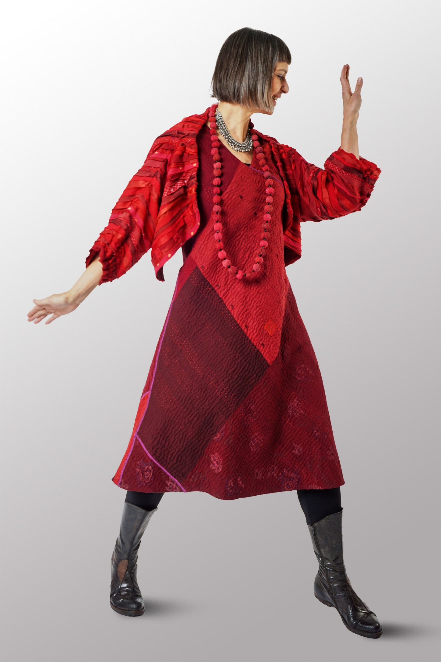 WAVY STRIPE KANTHA CRWE NECK WIDE SLV. JACKET - wv2078-red -