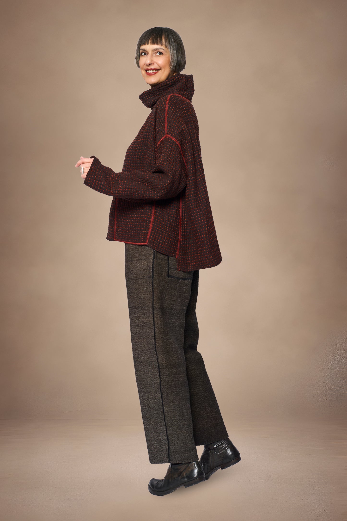 ABSTRACT WAFFLE KANTHA FUNNEL NECK PULLOVER - bw3t106-org -