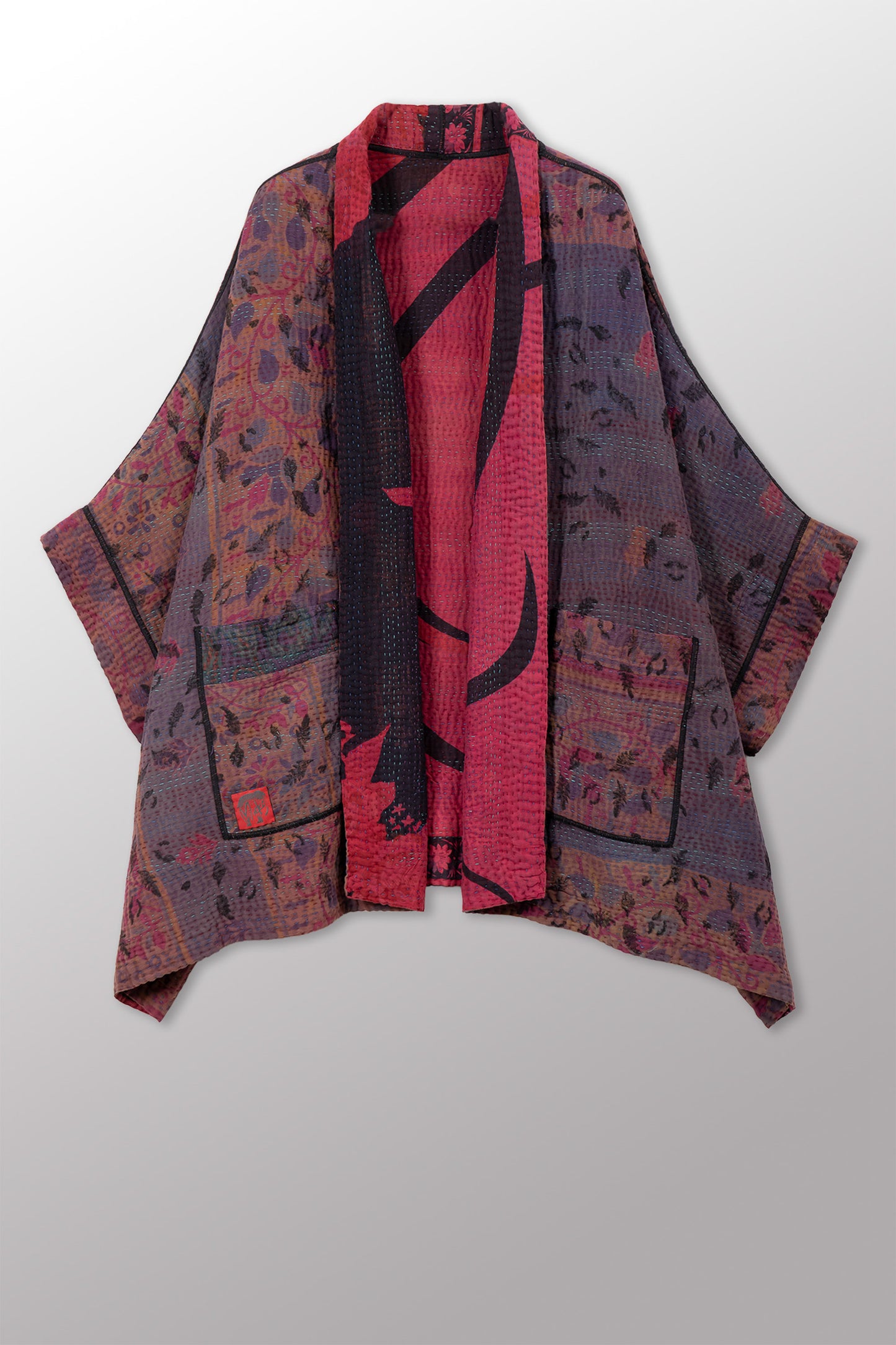VINTAGE COTTON KANTHA DOUBLE COLLAR PONCHO - cv4323-0059a -