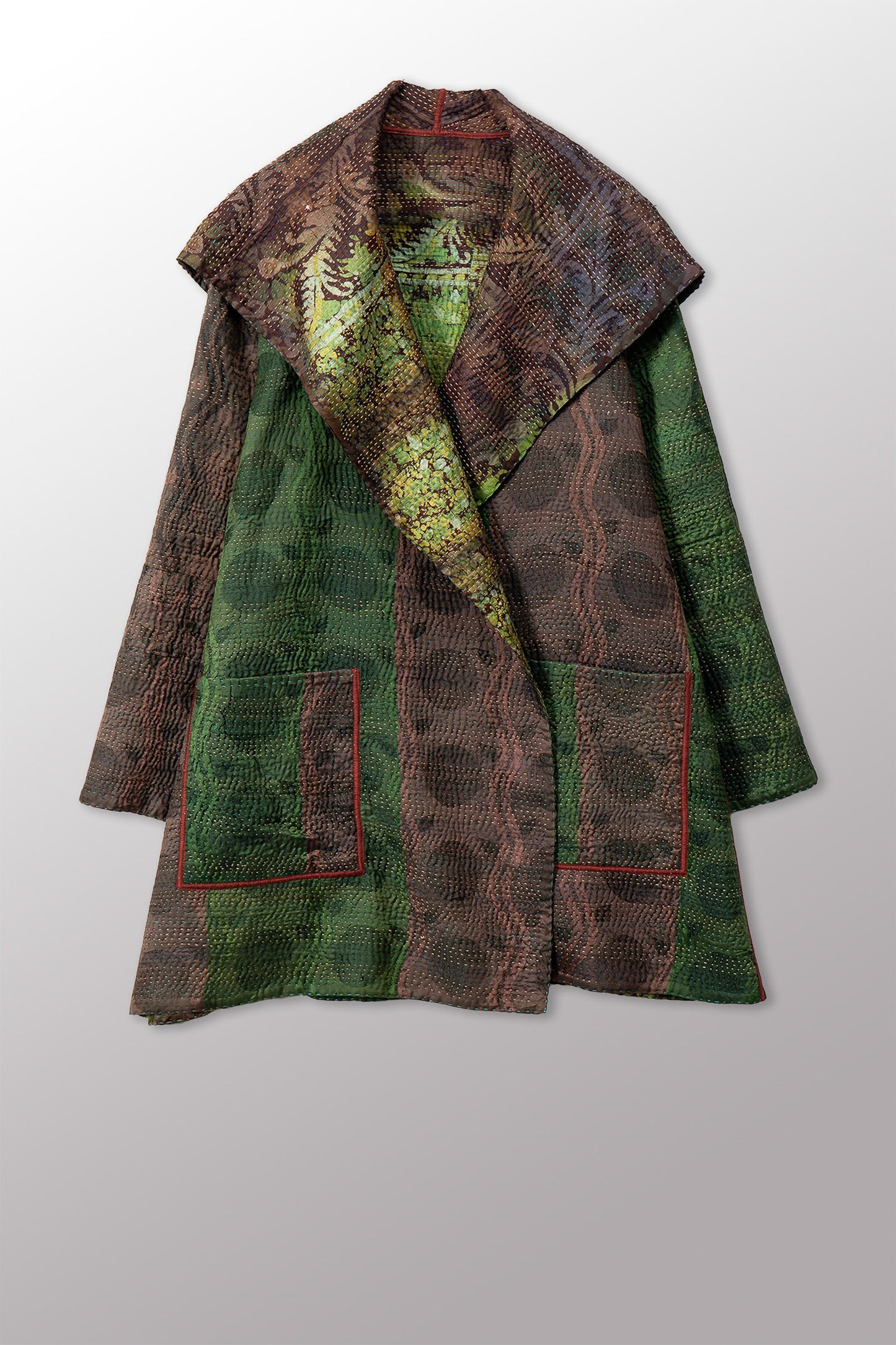 VINTAGE PRINTED SILK CLAMP DYE WITH JACQUARD KANTHA POCKET COAT - sk4301-0001a -