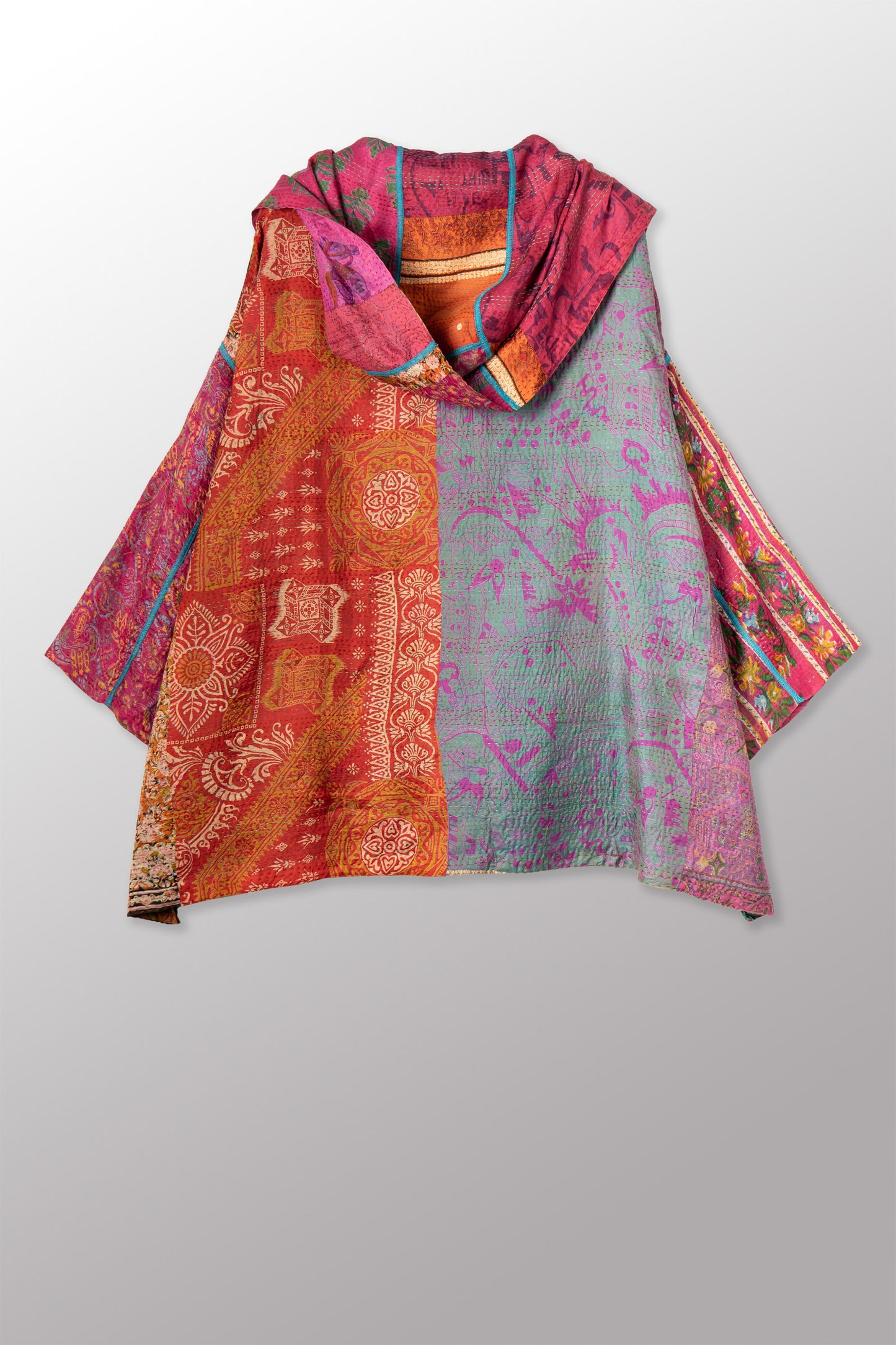 VINTAGE SILK KANTHA HOODIE PONCHO - sv2064-0002a -