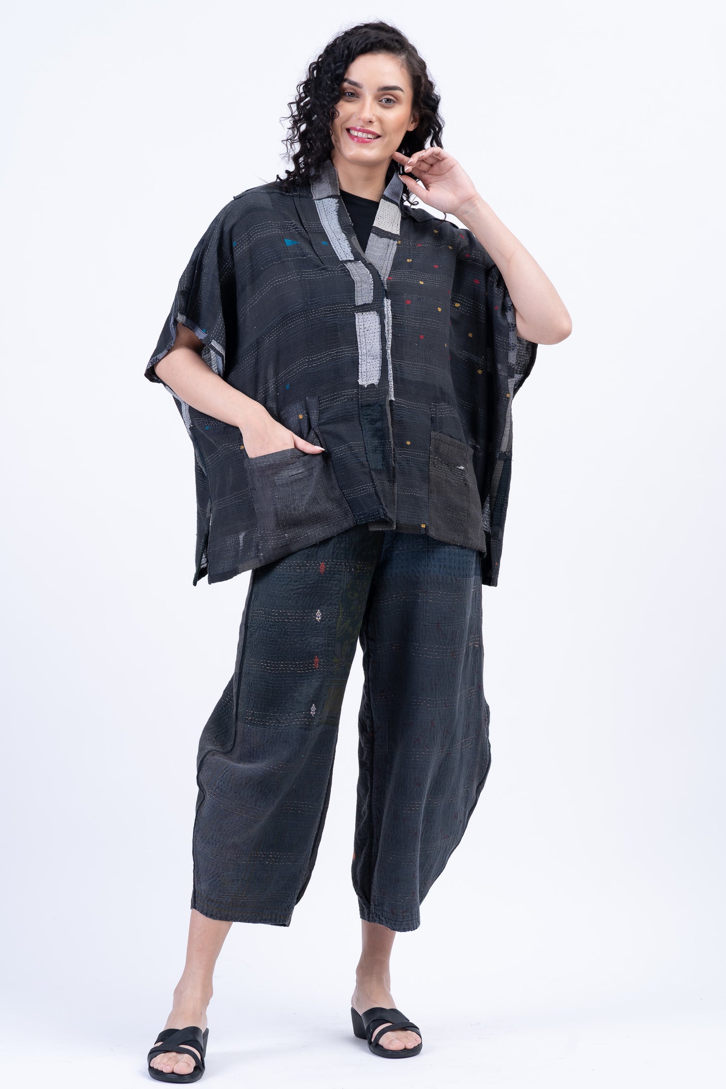 TONAL TILE PATCH KANTHA PONCHO TOP - tt2568-gry -