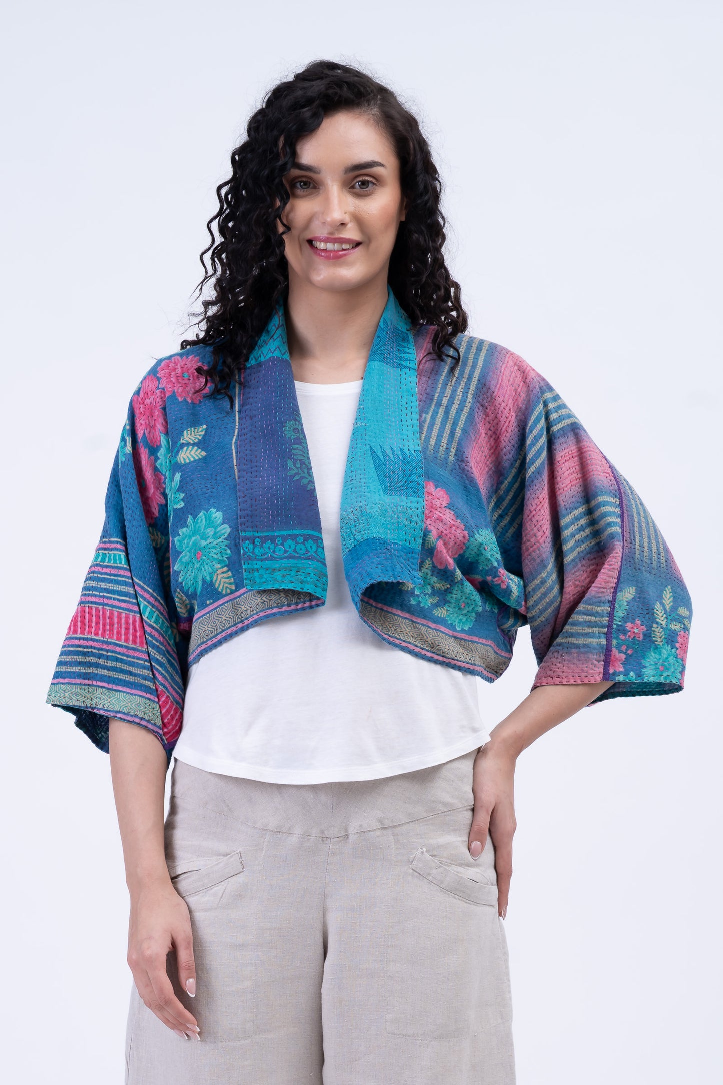 COTTON OVERDYE KANTHA PUFF SLV. SHRUG - ov2062-cblu005a -