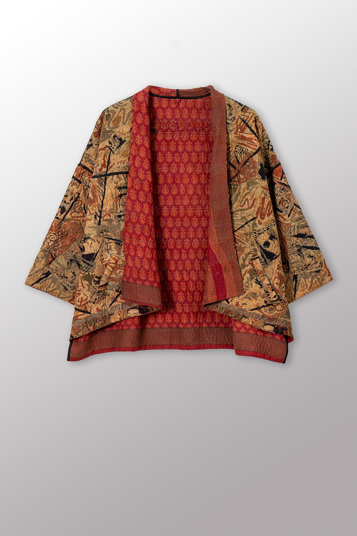 VINTAGE SILK GEORGETTE COTTON KANTHA MINI KIMONO JACKET - gc4055-0002a -