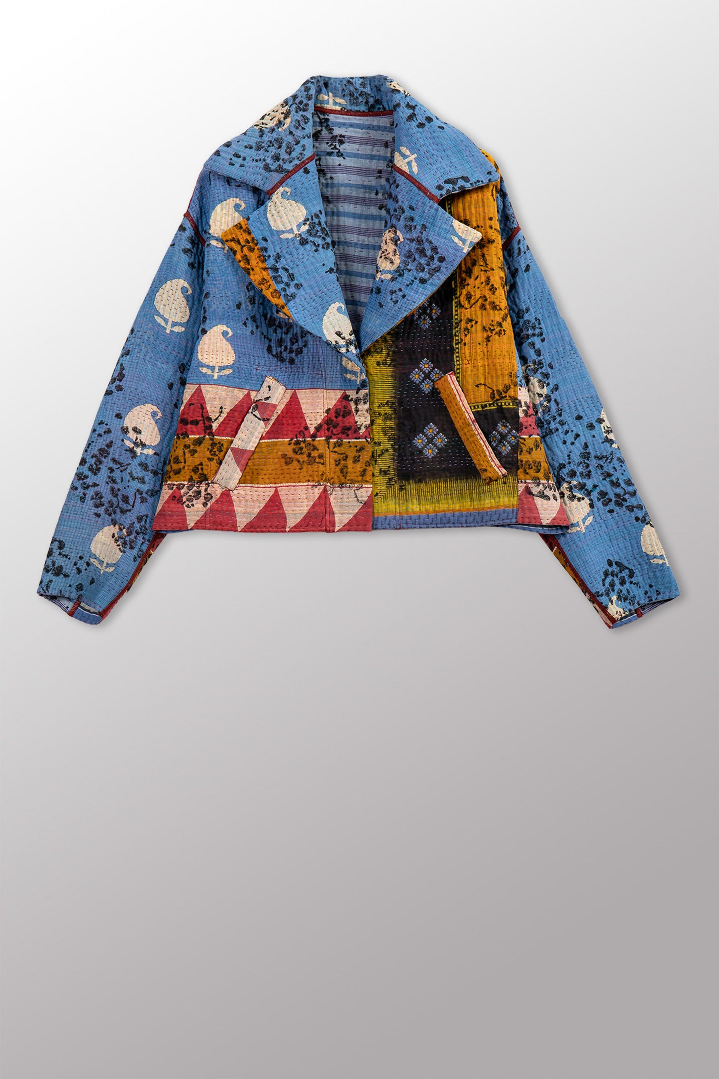 VINTAGE COTTON KANTHA NEW LAPELED SHORT JACKET - cv4j101-0002s -