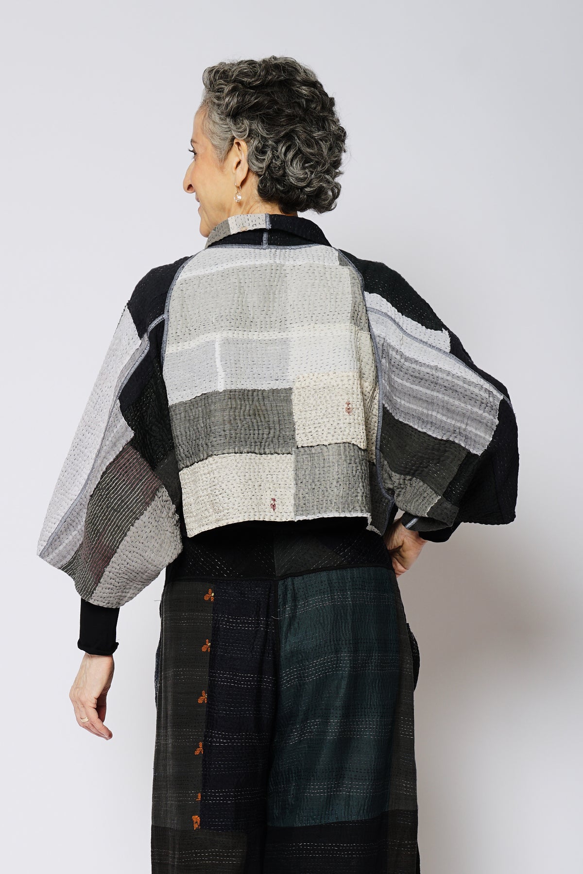 STRIPE AND CHECK COTTON SILK PATCH KANTHA PUFF SLV. SHRUG - ss4062-blk -