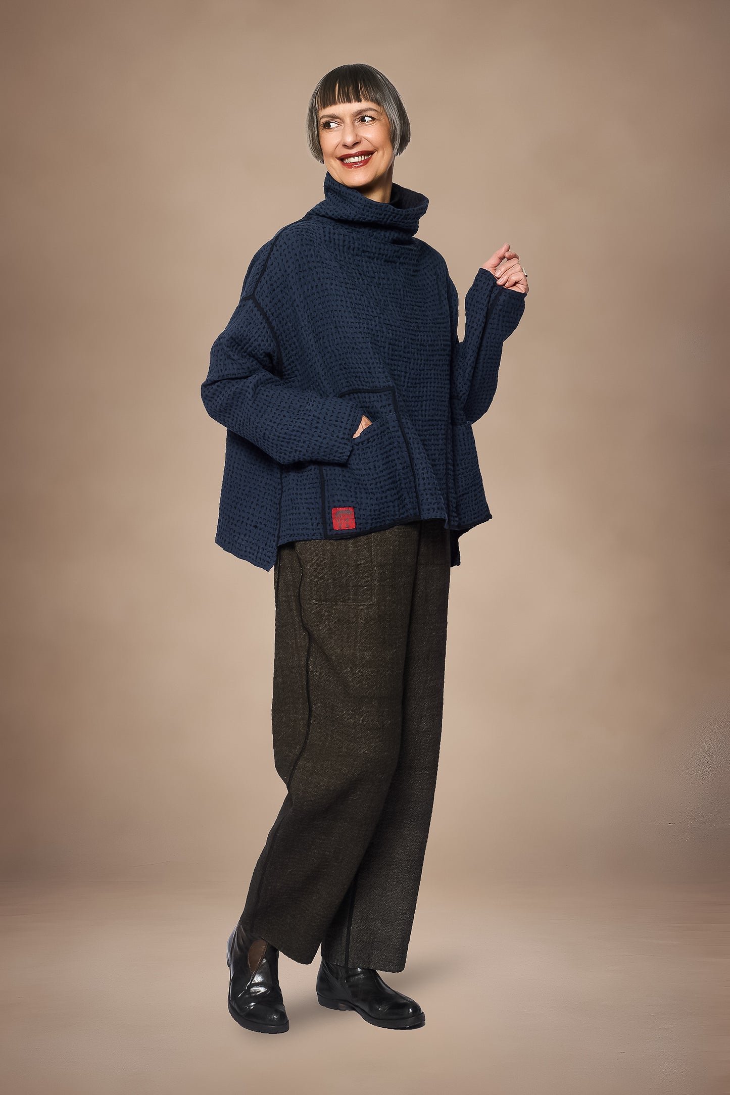 ABSTRACT WAFFLE KANTHA FUNNEL NECK PULLOVER - bw3t106-nvy -