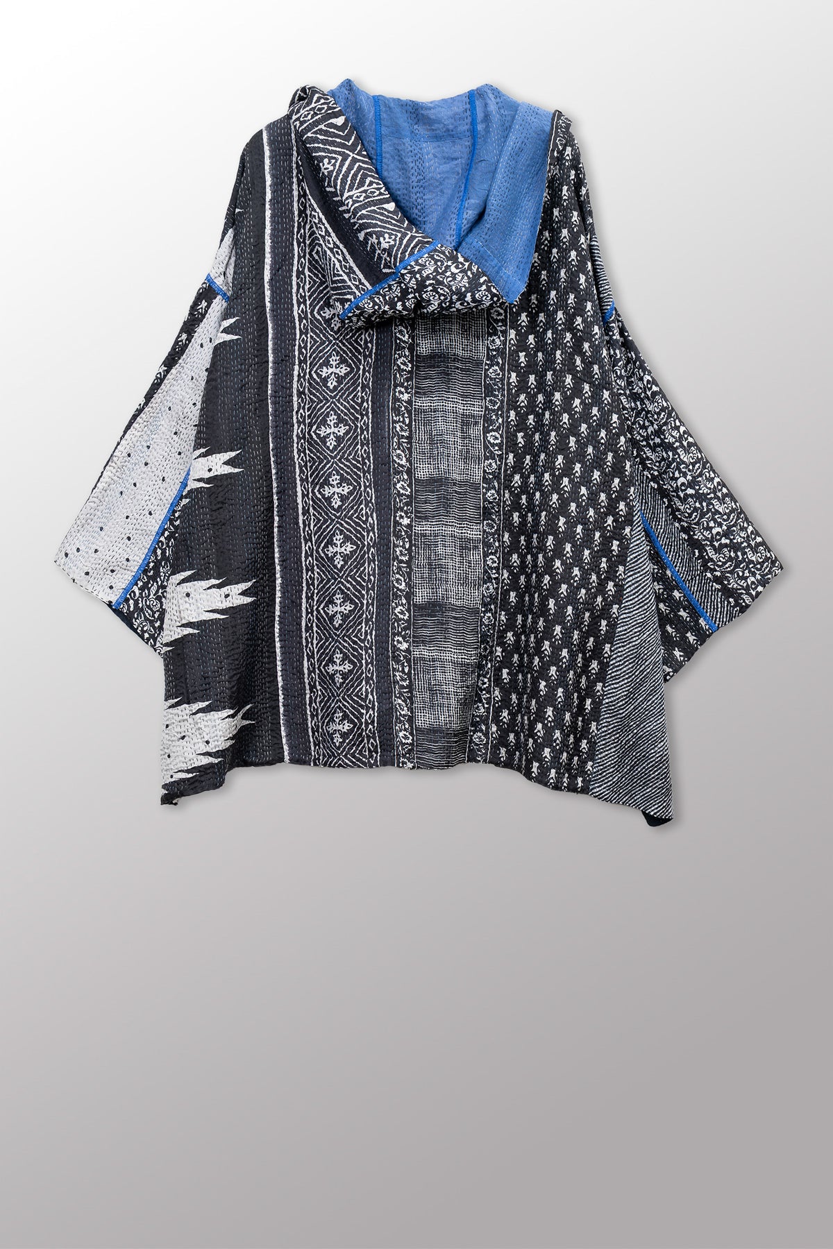 SILK COTTON OMBRE PRINT KANTHA HOODIE PONCHO - os2064-blk -