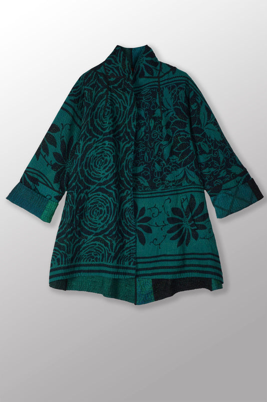EMERALD GREEN KANTHA FLARE LONG JACKET - eg4021-tel -