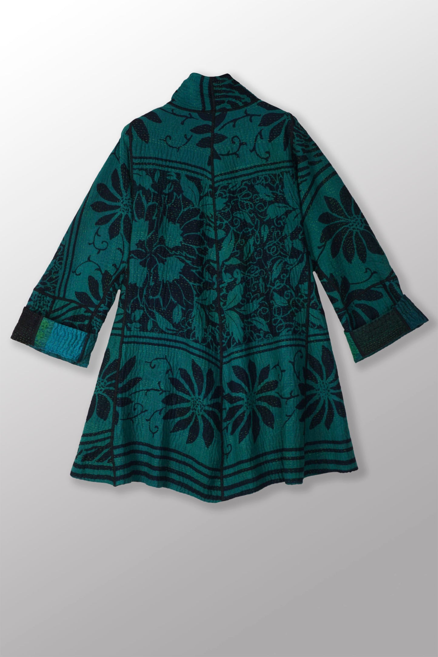 EMERALD GREEN KANTHA FLARE LONG JACKET - eg4021-tel -