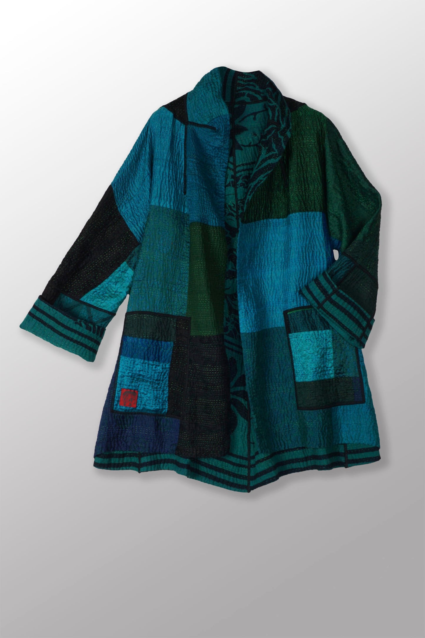 EMERALD GREEN KANTHA FLARE LONG JACKET - eg4021-tel -