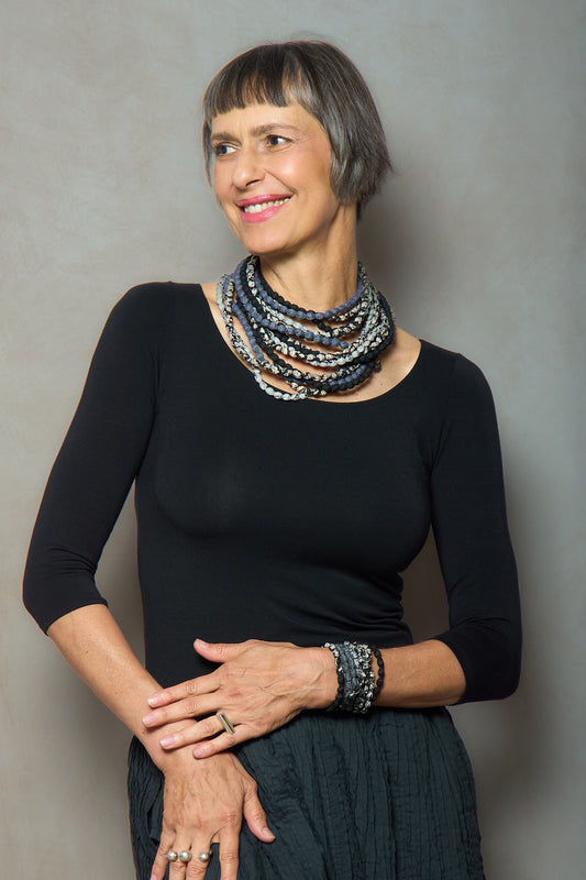VINTAGE SILK KANTHA 5 STRAND NECKLACE - sv2730-blk -