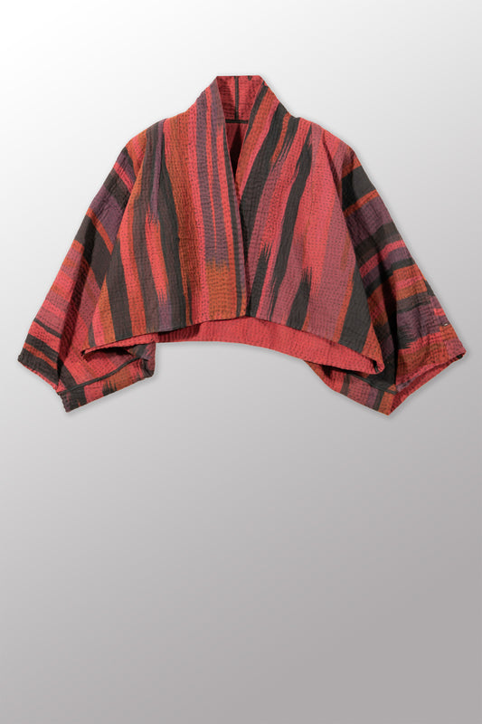IKAT STRIPE KANTHA PUFF SLV. SHRUG - is4062-drd -