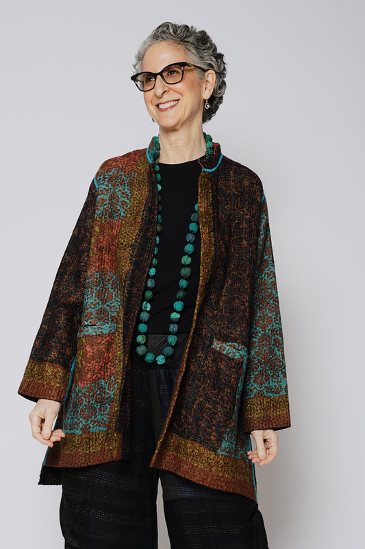 BAGH PRINT KANTHA KAFTAN JACKET MEDIUM - bg4089-brn -