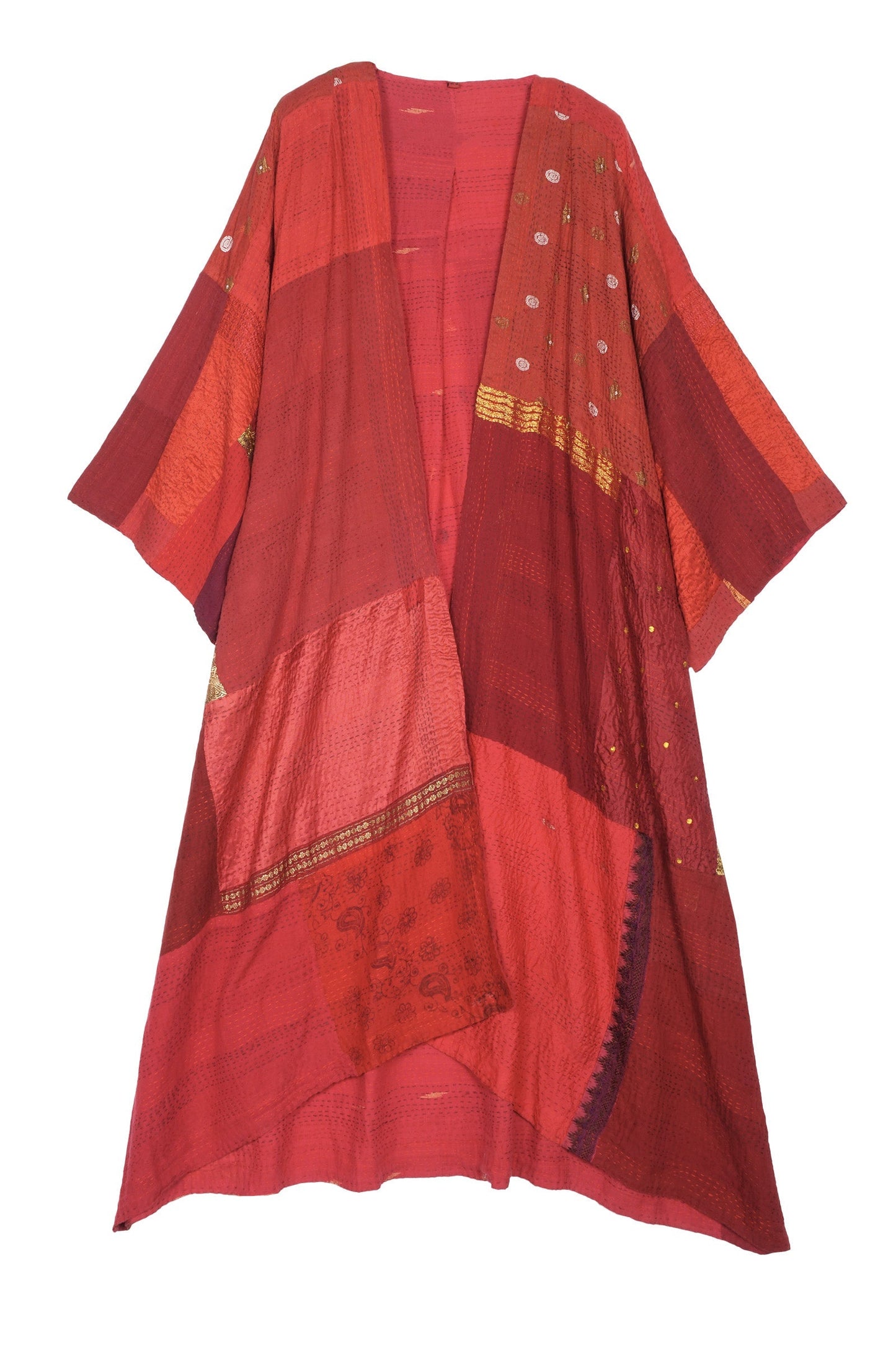 COTTON SILK SW PATCH KANTHA KIMONO MAXI - ws2318-red -