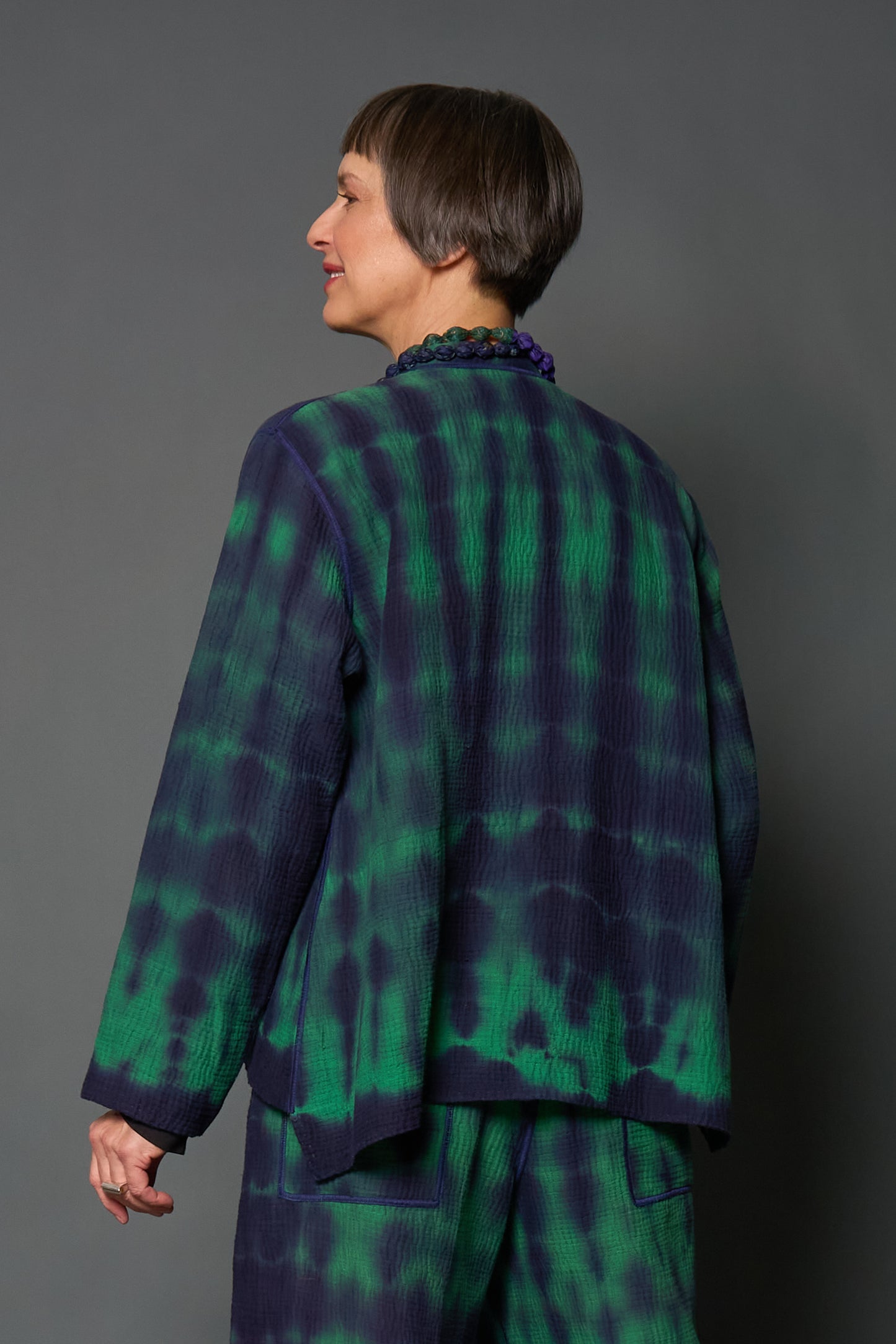 MONE SHIBORI TIE DYE KANTHA KAFTAN JACKET SHORT - ms4088-grn -