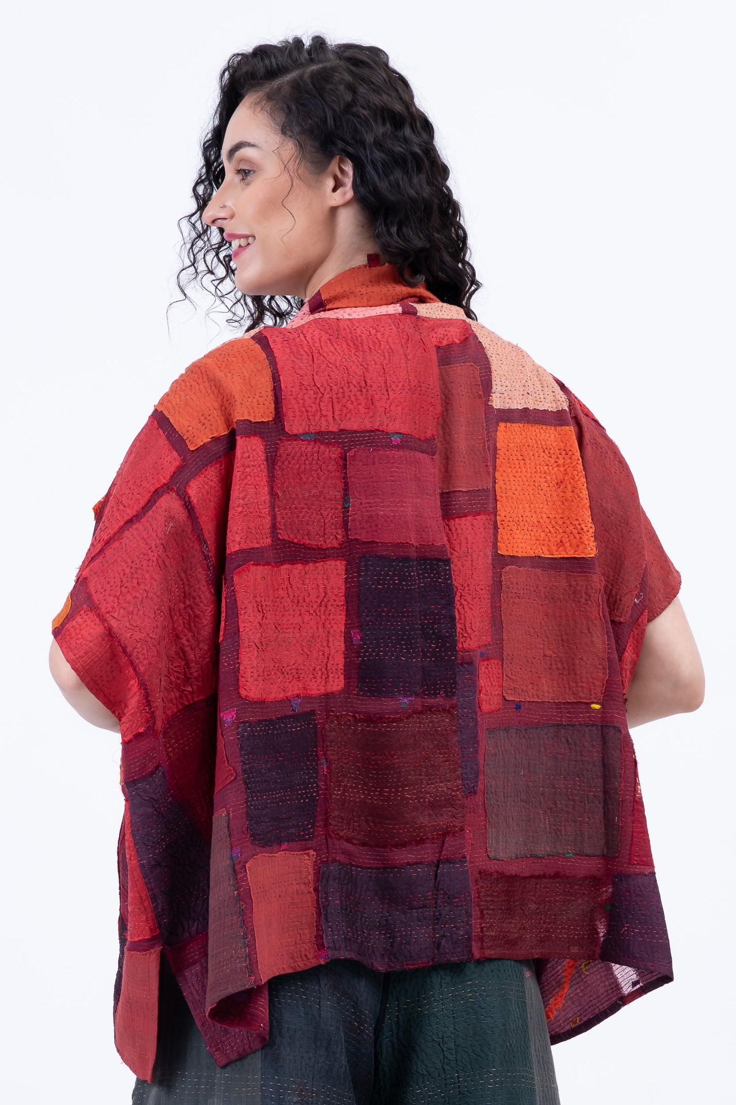 TONAL TILE PATCH KANTHA PONCHO TOP - tt2568-red -