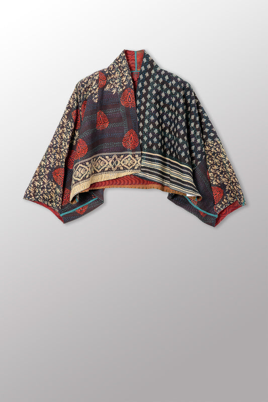 VINTAGE SILK GEORGETTE COTTON KANTHA PUFF SLV. SHRUG - gc2062-0007a -