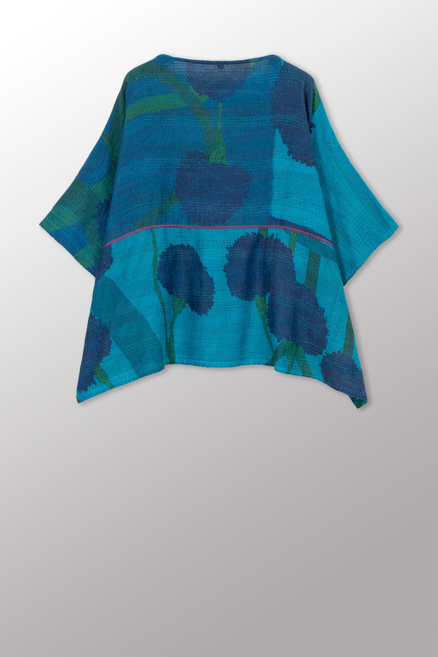 MARIGOLD PRINT WITH OVERDYE KANTHA BOAT NECK DOLMAN TOP - ov-mg2t100-tuq -