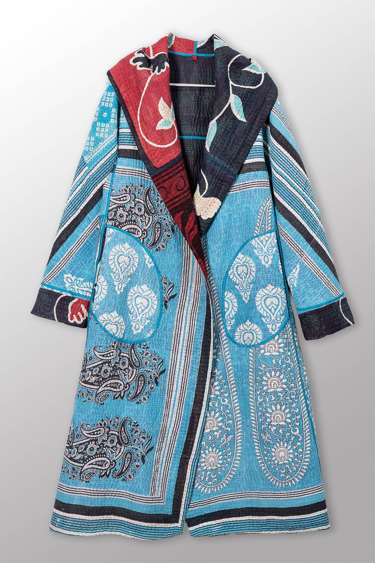 VINTAGE COTTON KANTHA HOODED A-LINE LONG COAT - cv4306-0005a -