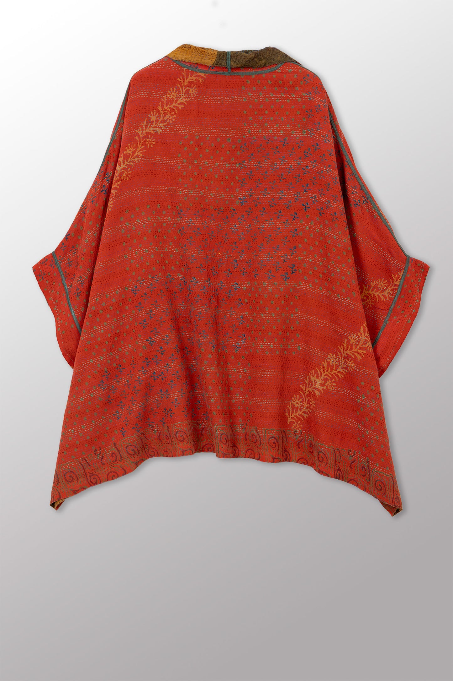GEORGETTE JACQUARD VINTAGE SILK PATCH KANTHA DOUBLE COLLAR PONCHO - gj2323-0002a -