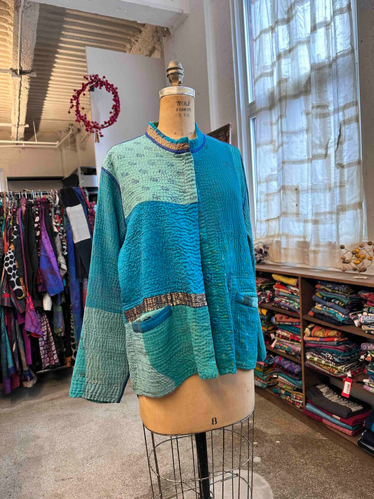 COTTON SILK SW PATCH KANTHA KAFTAN JACKET SHORT - ws4088-tuq -