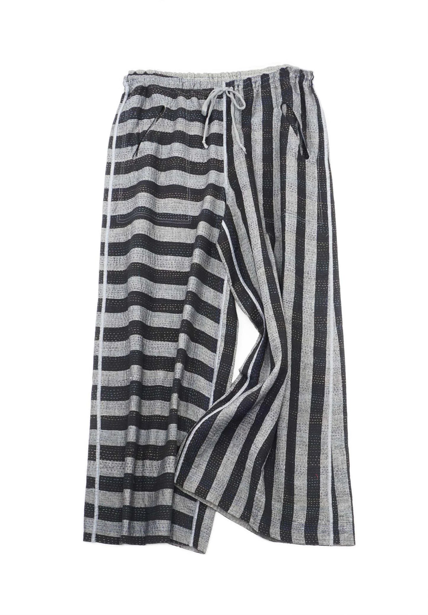 WOVEN STRIPE FRAYED PATCH BACK KANTHA DRAW STRING GAUCHO - wp2627-gry -
