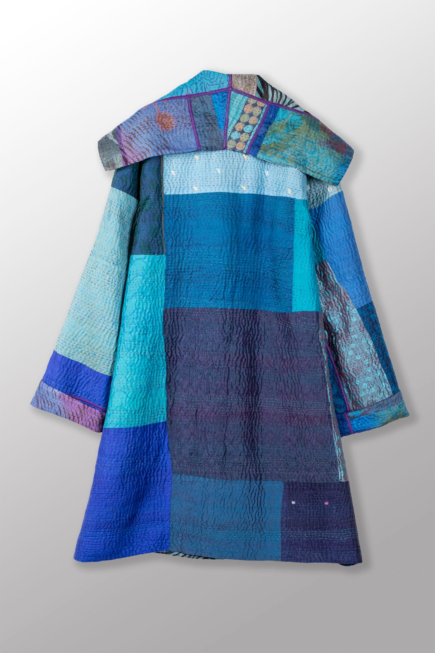 JACQUARD SILK KANTHA POCKET MEDIUM COAT - js4316-blu -