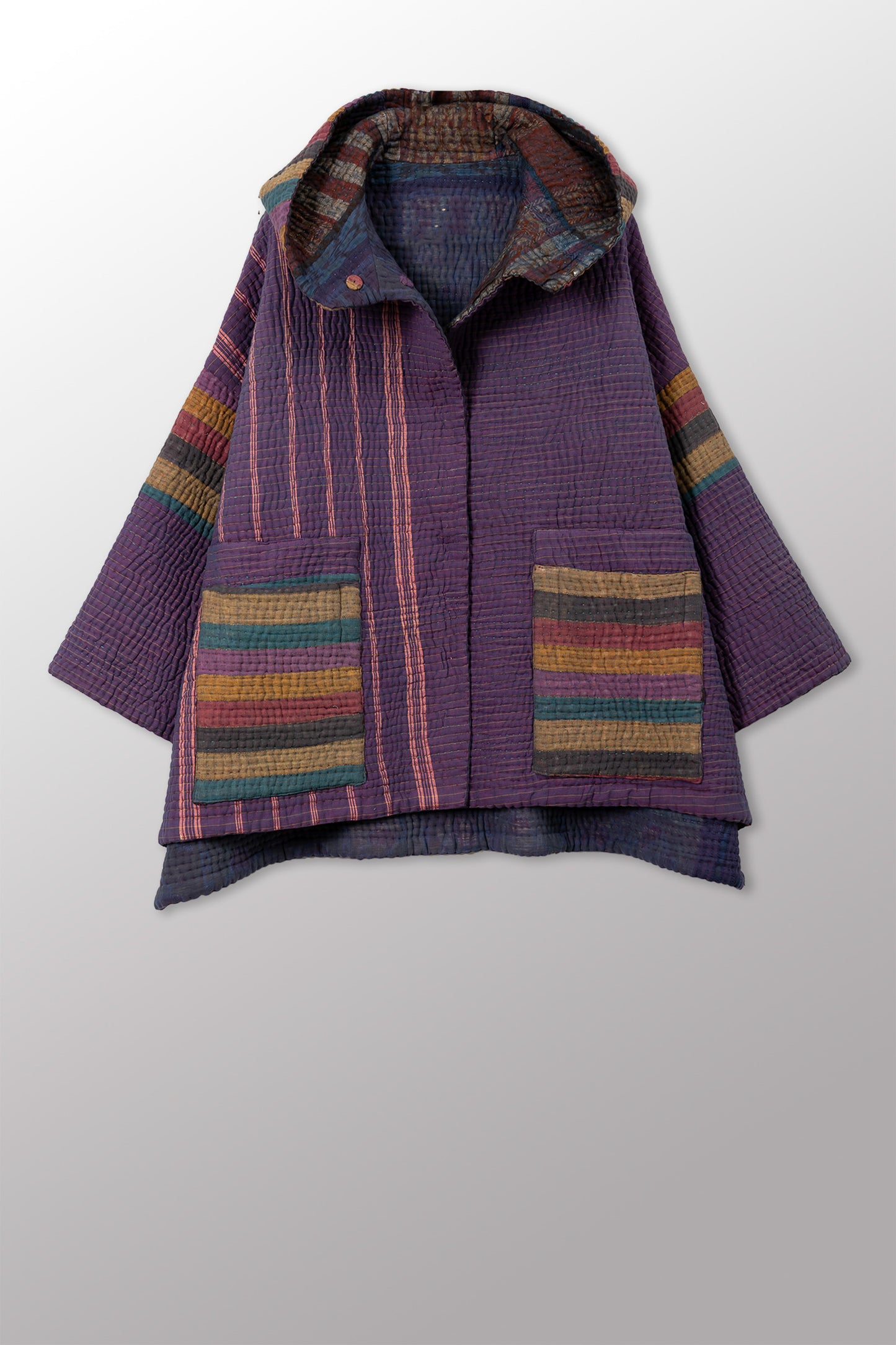 QUILTED OVERDYE COTTON KANTHA HOODIE PONCHO - oq5064-cblu005a -