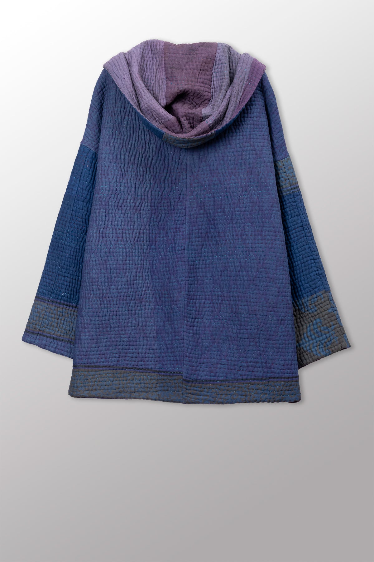 QUILTED OVERDYE COTTON KANTHA HOODED COCOON JACKET (086) - oq5086-cblu001a -