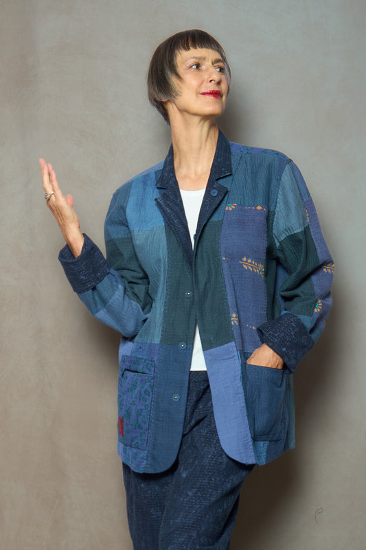 DUCK SUN DYE WITH PATCH KANTHA SIMPLE MEN'S JACKET - us2072-nvy -