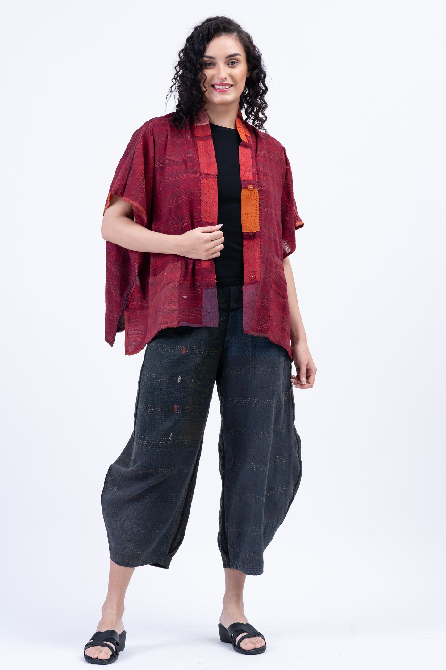 TONAL TILE PATCH KANTHA PONCHO TOP - tt2568-red -