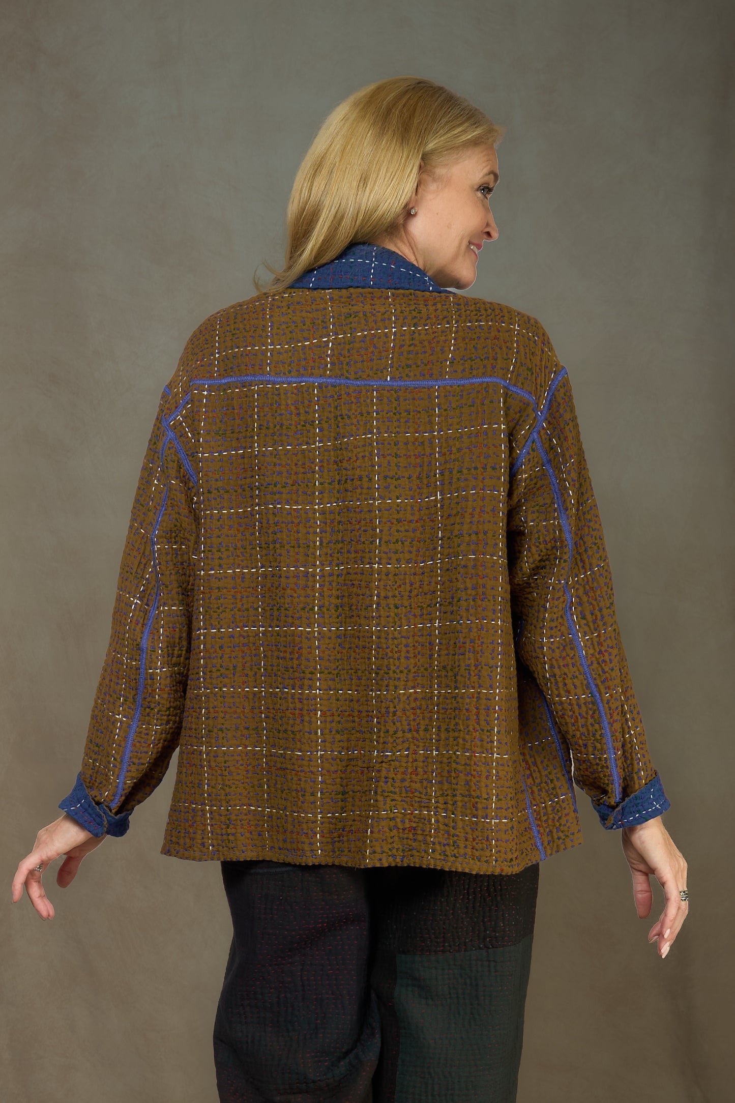 WOOL WAFFLE KANTHA WORKERS JACKET - ww3085-blu -