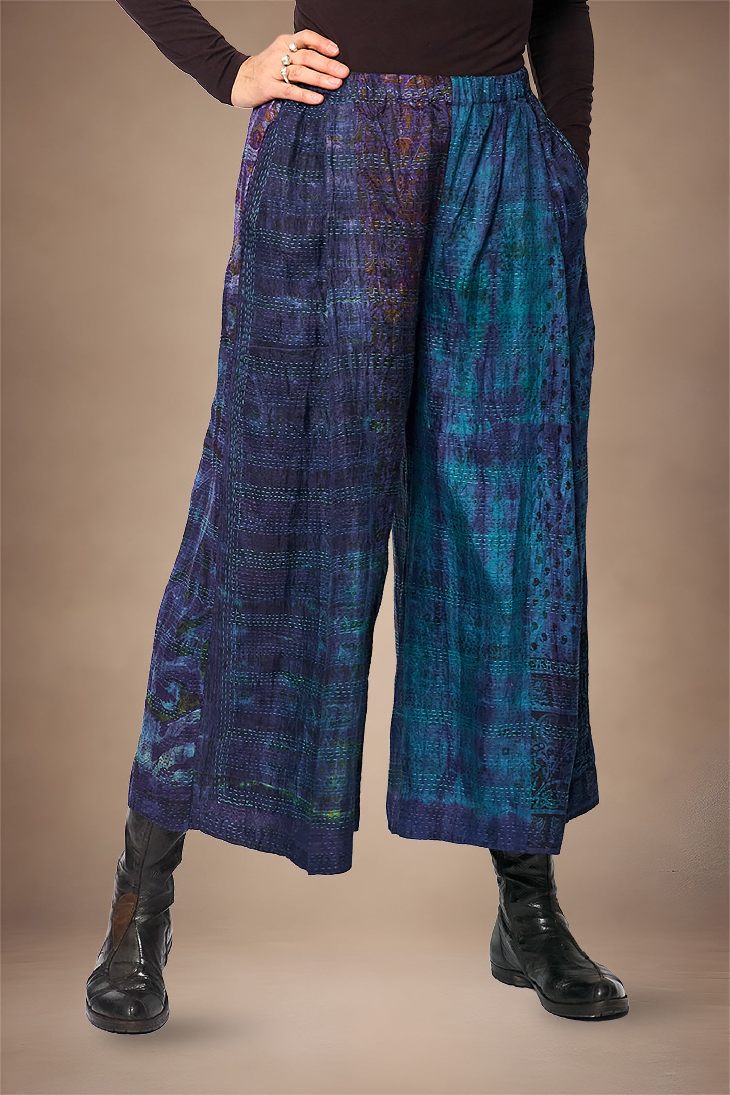 TIE DYE VINTAGE SILK KANTHA WIDE LEG LANTERN PANTS - st-sv2646-nvy -