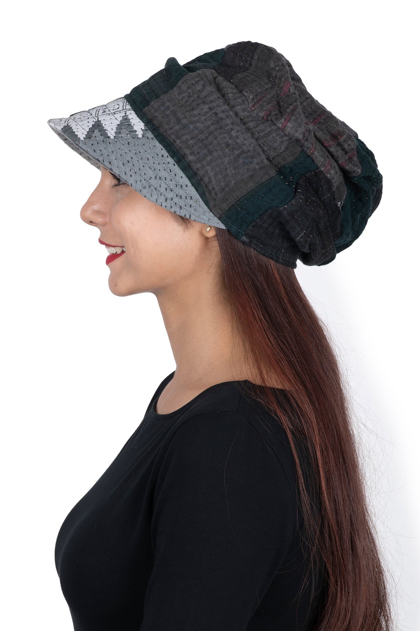 FRAYED PATCH KANTHA HALF BRIM HAT - fi4881-gry -
