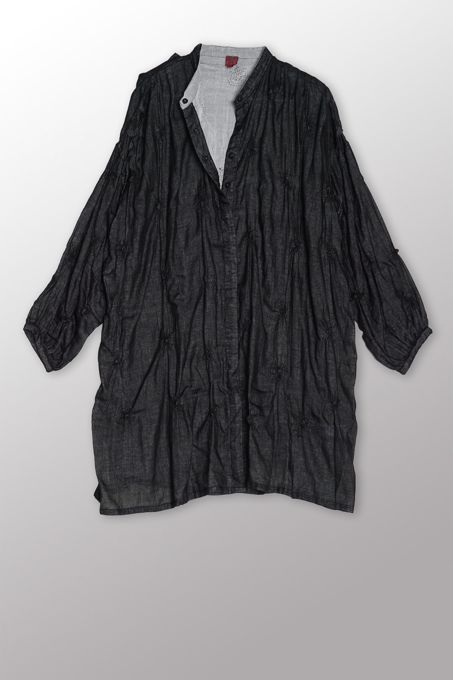 GAUZE SHIBORI GARMENT KANTHA BAND COLLAR OVERSIZED SHIRT - bl-gg2587-blk -