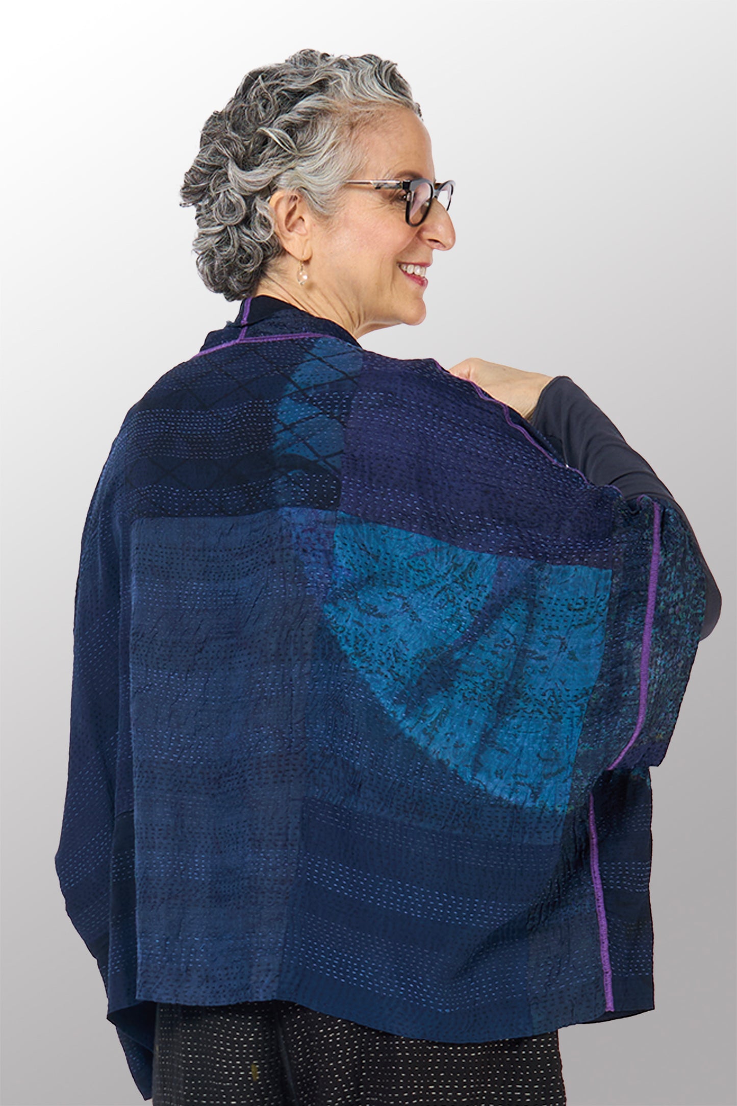 SHIBORI TIE DYE GEORGETTE VINTAGE SILK PATCH KANTHA MINI PONCHO - st-gs2060-nvy -