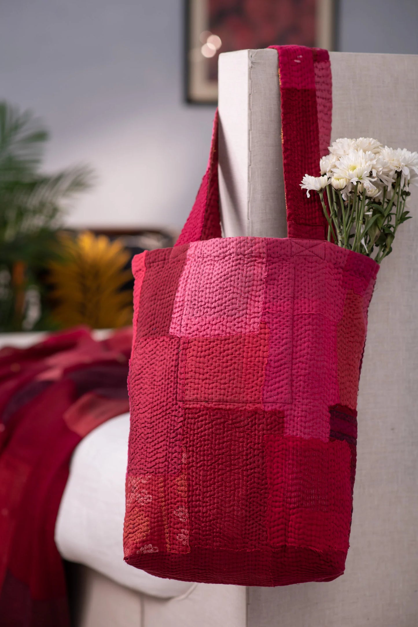 Landscape Handmade Vintage Kantha Tote Bag -Red