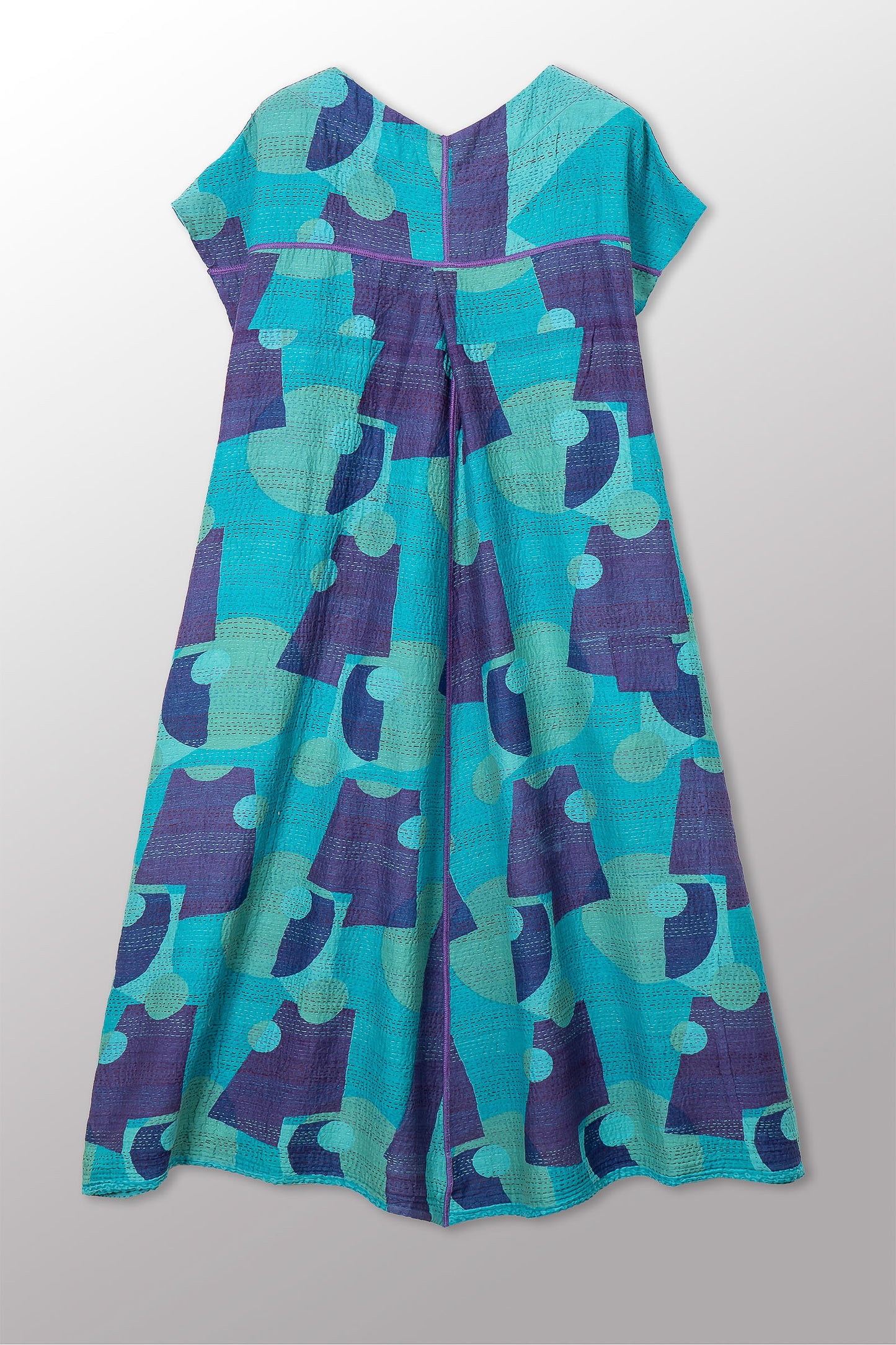 VINTAGE COTTON & NEW VOILE KANTHA V-NECK FRENCH SLV. DRESS - cn2467-0001s -