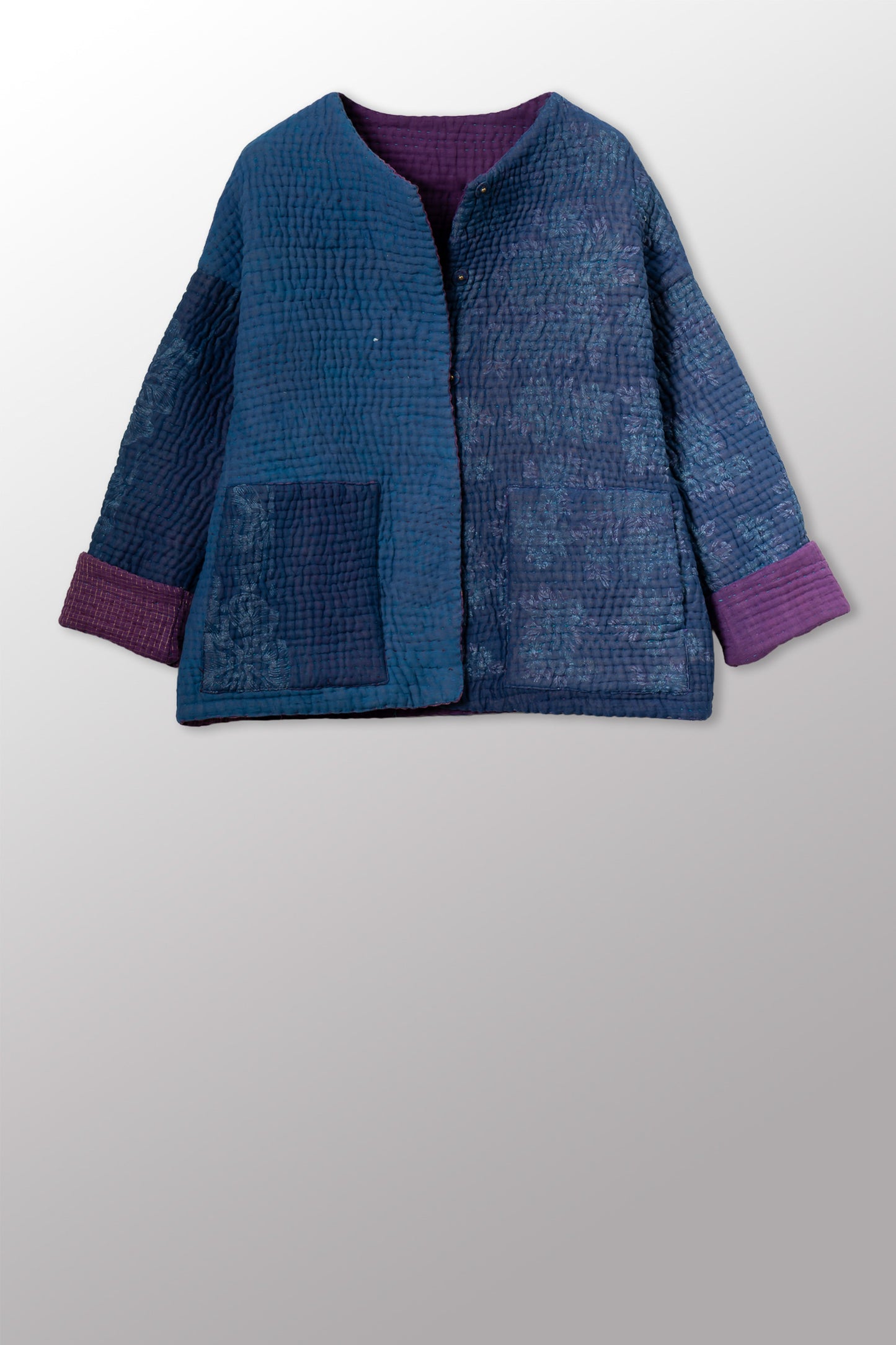 QUILTED OVERDYE COTTON KANTHA CREW NECK SHORT JKT - oq5053-cblu004a -