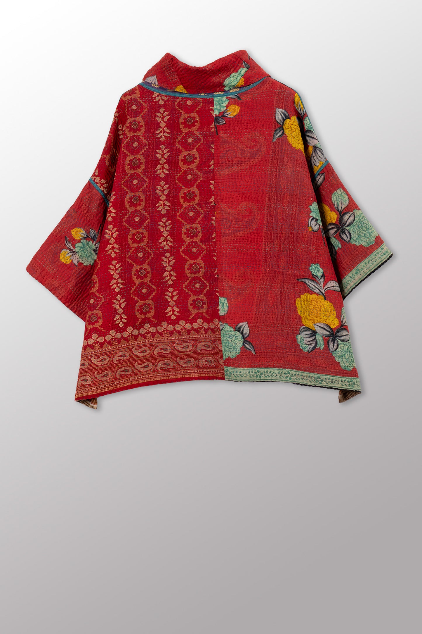VINTAGE COTTON KANTHA COWL NECK PONCHO - cv4061-0038a -