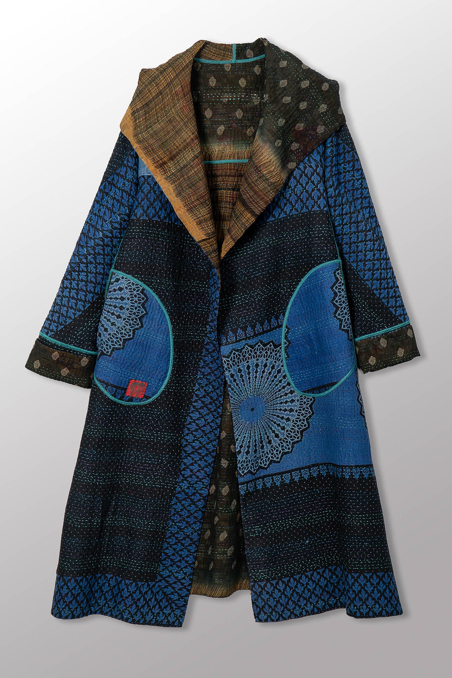 VINTAGE SILK GEORGETTE COTTON KANTHA HOODED A-LINE LONG COAT - gc4306-0001a -