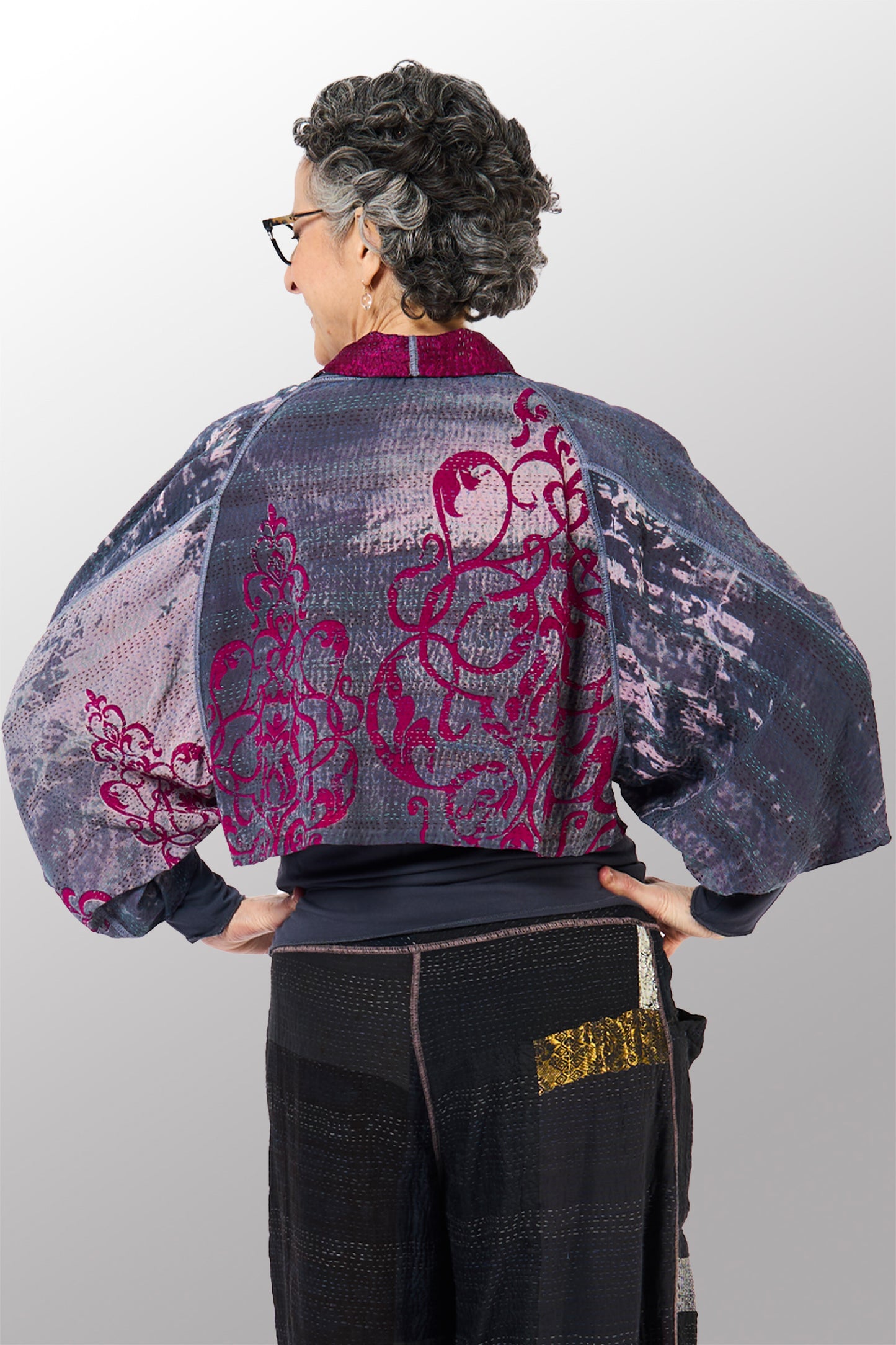 GEORGETTE JACQUARD VINTAGE SILK PATCH KANTHA PUFF SLV. SHRUG - gj2062-0003a -