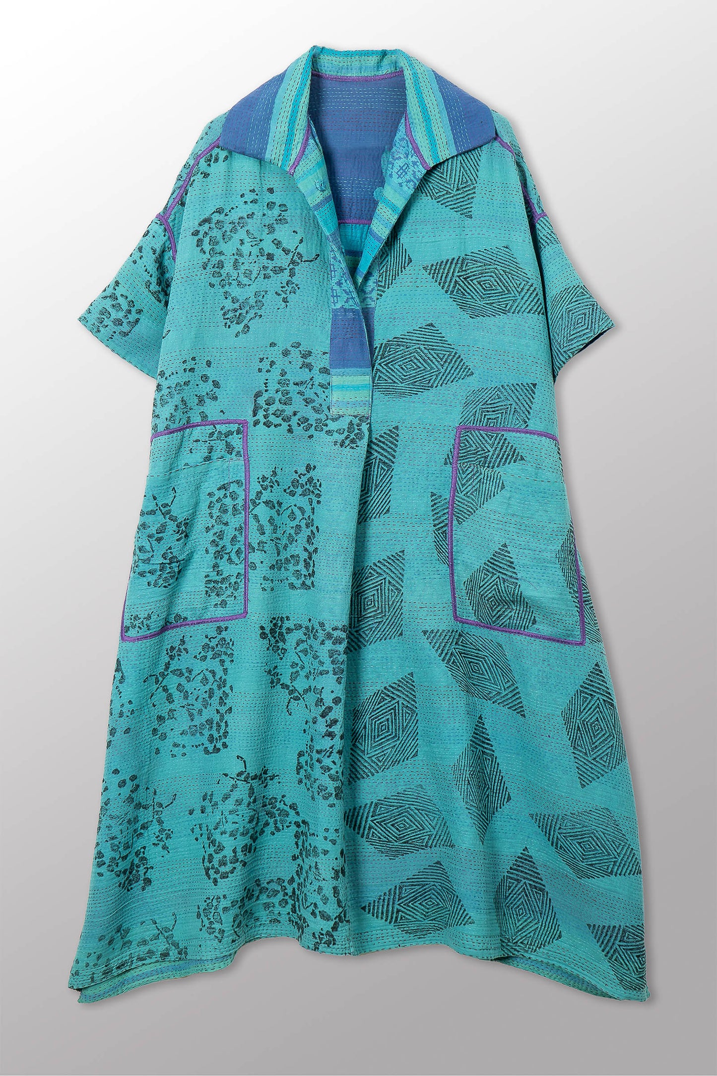VINTAGE COTTON & NEW VOILE KANTHA WING COLLAR DRESS - cn2454-0004a -