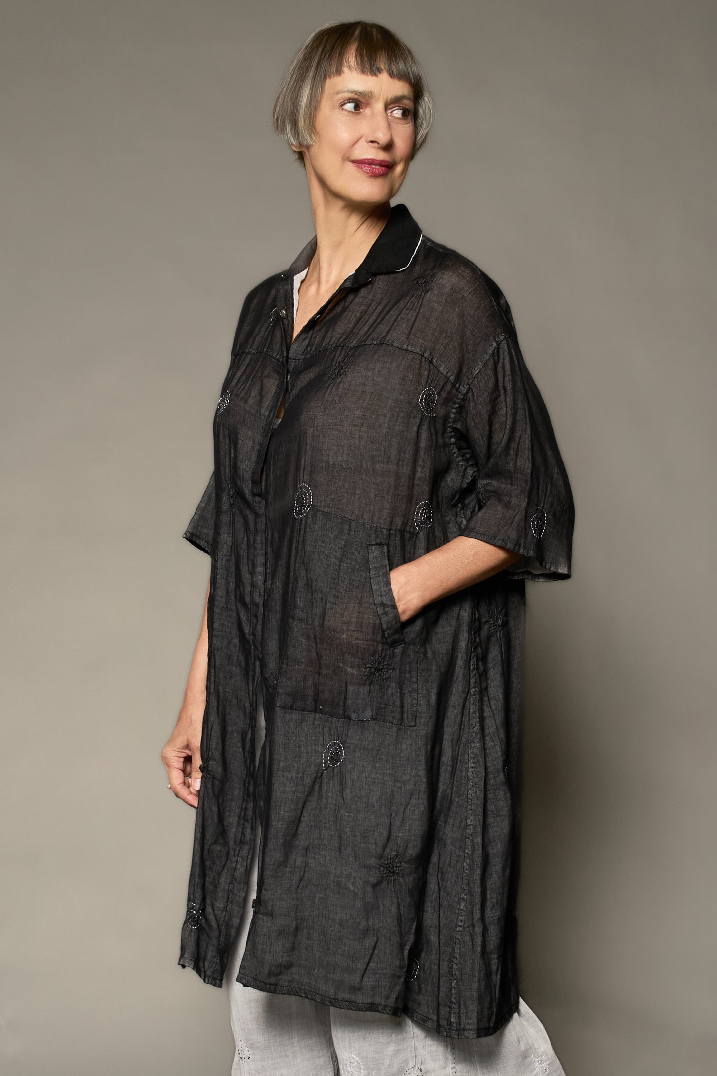 GAUZE SHIBORIGARMENT KANTHA 3/4 SLV. SHIRT DRESS - gg2464-blk -
