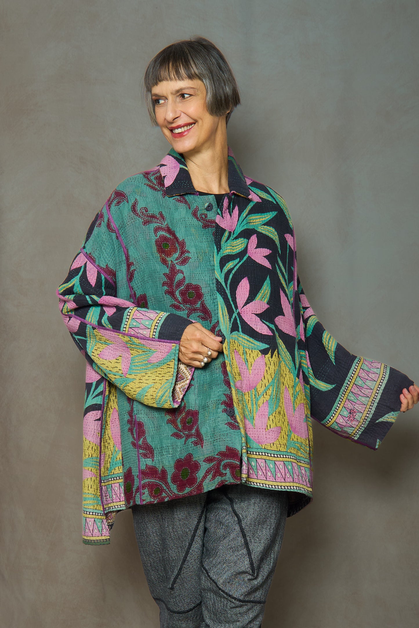 VINTAGE COTTON KANTHA OVERSIZED MINI COAT - cv4332-0045a -