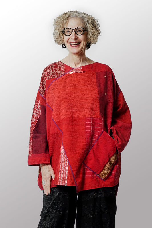 FRAYED PATCH WITH BROCADE KANTHA OVERSIZED TUNIC - fb2510-red -