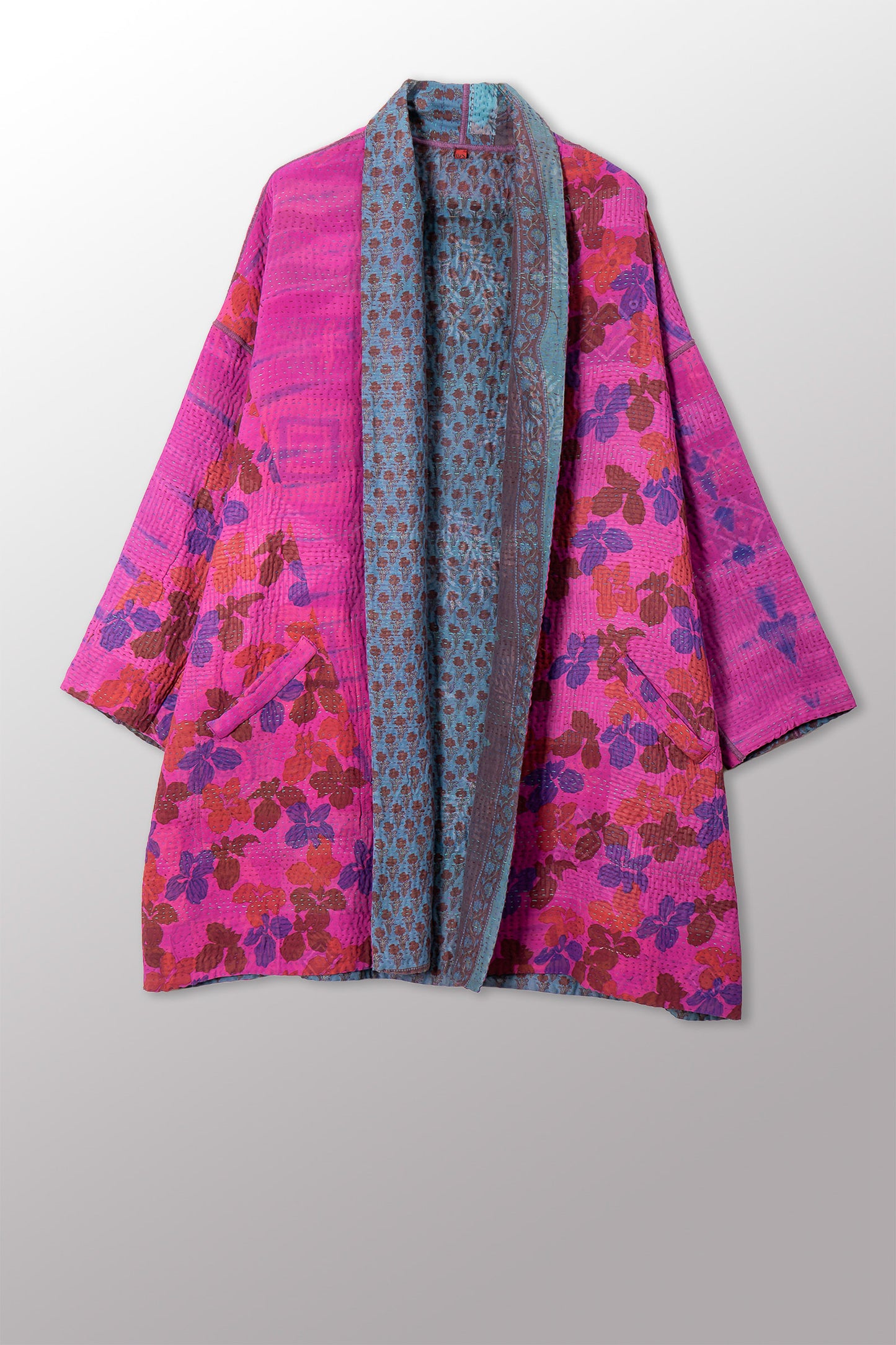 VINTAGE SILK GEORGETTE COTTON KANTHA HAORI JACKET - gc4068-0005a -